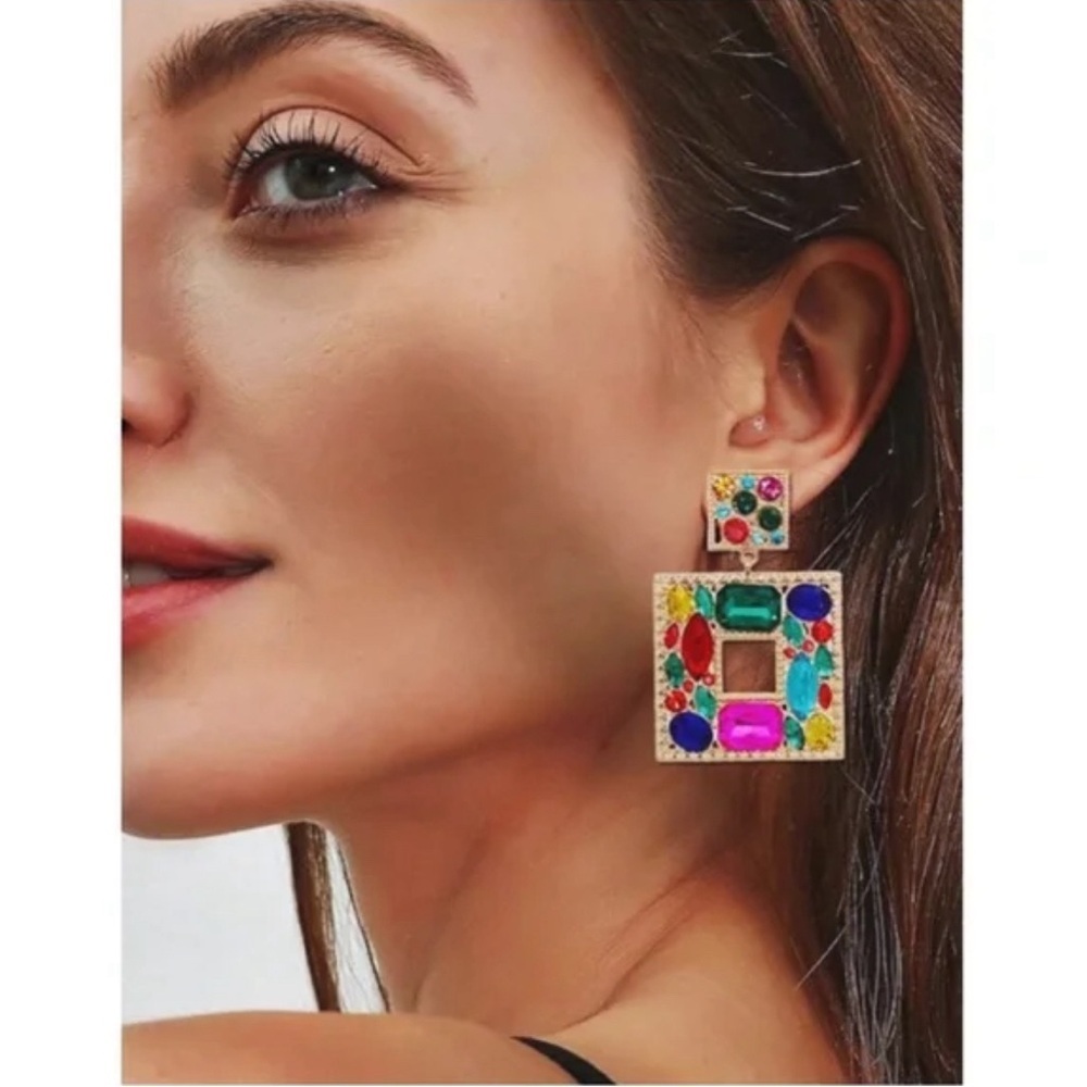 Multi Colored Crystal Square Drop Clip On Earrings